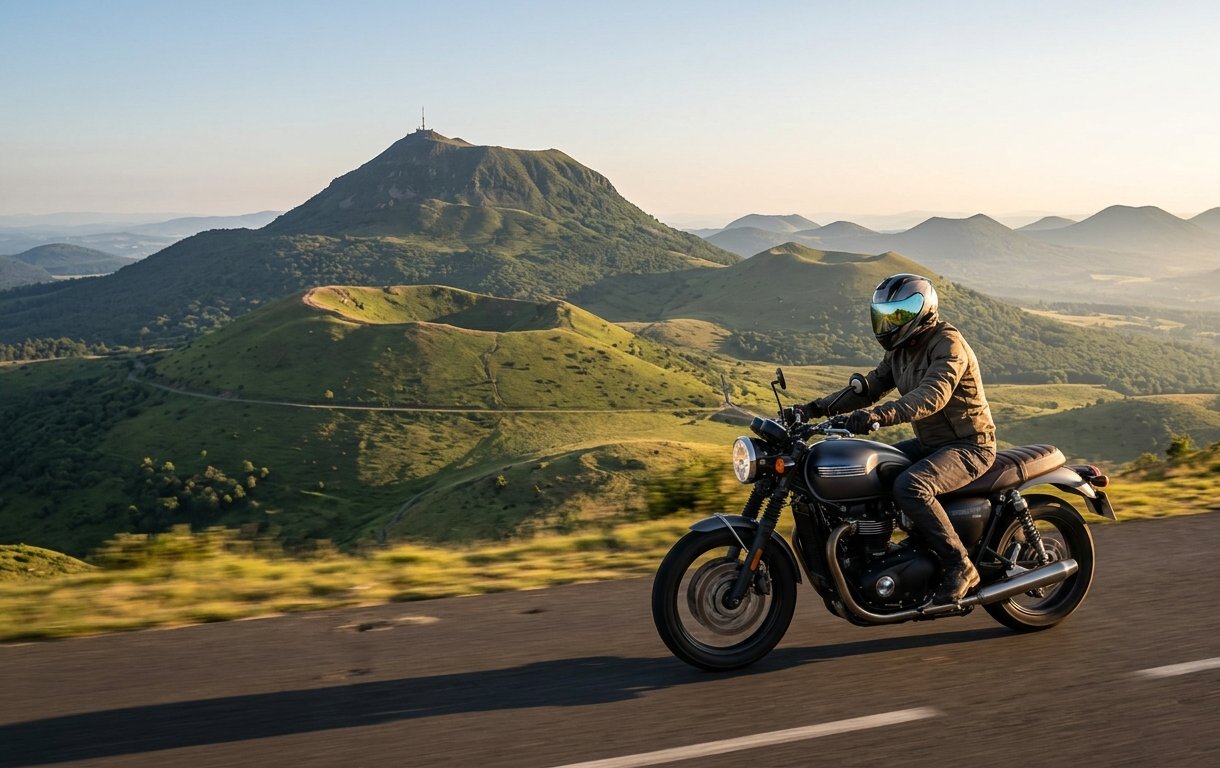 Motos garées face à un château du Puy-de-Dôme au coucher du soleil